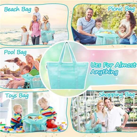 Mesh Beach Bag with Zipper Large Beach Tote Waterproof Sandproof with 8 Pockets - Picture 6 of 7